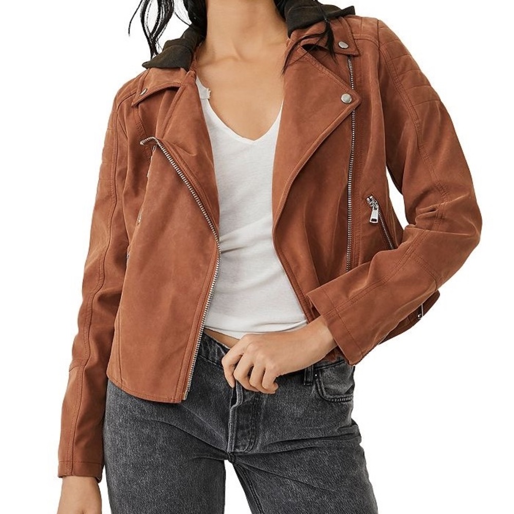 FREE People Harriett Vegan Suede Hooded Moto-Style Jacket S / M